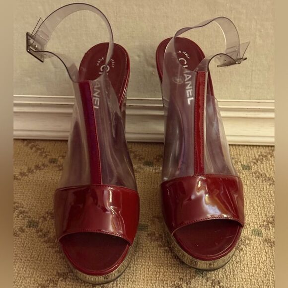 Chanel PVC, silver, & burgundy patent leather platform ankle strap heels. IT 40 - Picture 3 of 12